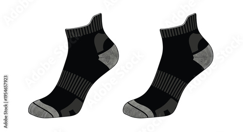 Pair of professional black and grey athletic ankle socks for sports and running activities shown in a side view on a clean white background for shop.