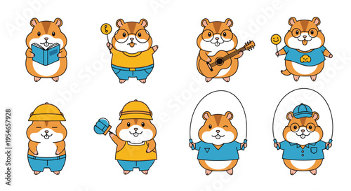 Adorable set of cartoon hamsters participating in various hobbies such as reading, playing guitar, gardening, and jumping rope in a colorful style.