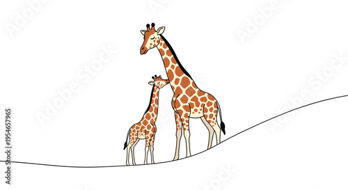 Loving mother giraffe and her small calf standing together on a hill in a minimalist line art style expressing family bonding and animal care.