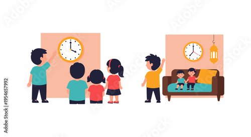 family setting clocks on wall and sofa