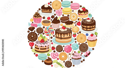 Large circular frame filled with a variety of sweet desserts including cakes, cupcakes, cookies, macarons, and lollipops for a bakery business.