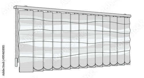 Gray vertical window blinds with a top rail and a control chain shown in a perspective view for interior design or home improvement concepts.