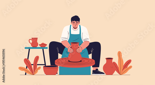 Skilled male potter sitting at a wheel and carefully shaping a clay vase in a cozy studio surrounded by finished ceramic products and plants.