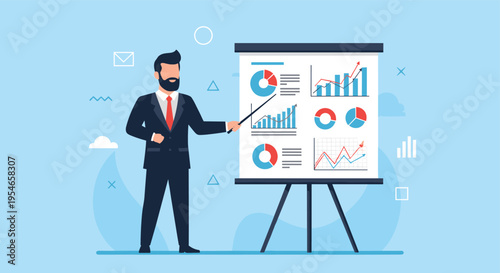 Professional businessman in a suit pointing at a whiteboard filled with colorful financial charts and diagrams during a corporate presentation.