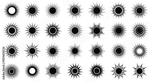 Large collection of diverse black sun symbols with various rays and patterns illustrated in a vintage or tribal style for graphic design projects.