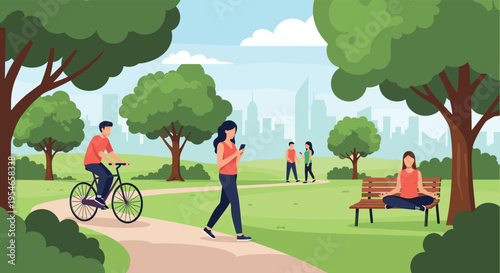 Active people enjoying a sunny day in a city park including a man riding a bike, a woman walking with a phone, and another woman meditating.
