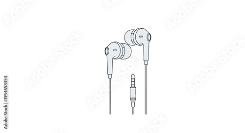 Pair of professional white wired in-ear headphones with a microphone and a standard audio jack shown in a detailed line art style for product.