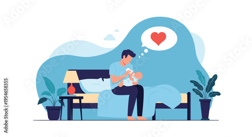 Caring father sitting on the bed and bottle feeding his newborn baby at night expressing parental love and responsibility in a minimalist style.