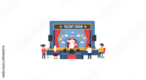 cartoon talent show stage with performer and audience