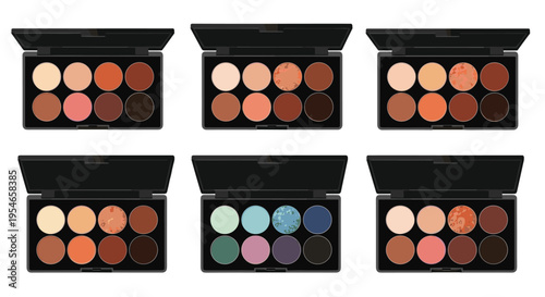 Set of six professional eyeshadow palettes with various natural and colorful shades in black cases for beauty and cosmetics industry concepts.