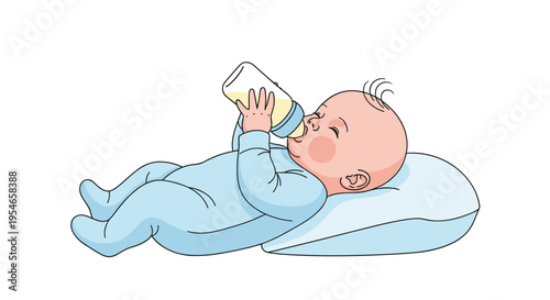Cute infant lying on a soft blue pillow and happily drinking milk from a baby bottle expressing comfort and healthy growth in a cartoon style.