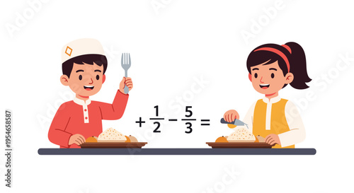 kids eating at table with math problem, cartoon children