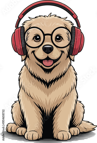 A cartoon dog wearing red headphones and glasses sits happily
