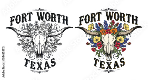 Fort Worth Texas Longhorn Skull with Flowers - Vintage Western Emblem