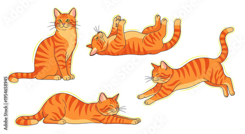 Tableau sur toile Four Adorable Orange Tabby Cats in Various Poses, Cute Pet Illustrations