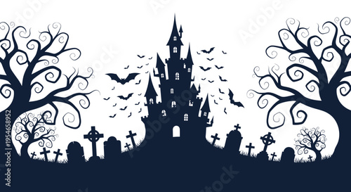 Haunted Castle Silhouette with Spooky Trees, Graveyard, and Bats at Night