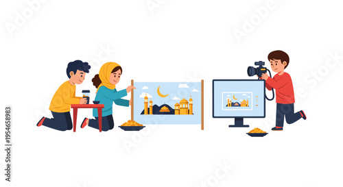 people creating and photographing artwork in a studio