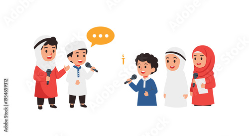 Diverse group of people in traditional Middle Eastern clothing having a discussion