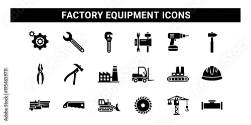Comprehensive professional set of minimalist icons representing factory equipment and industrial tools including construction machinery and safety gear for manufacturing industry projects