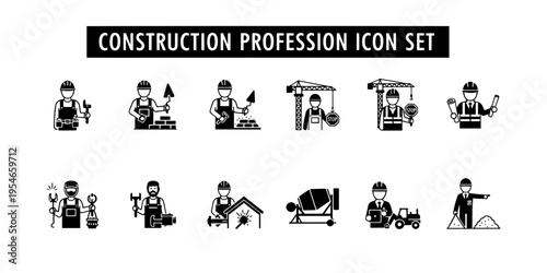 A minimalist and informational set of construction profession icons for illustrating various jobs and activities on a white background