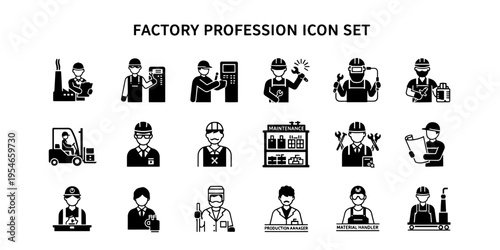 Minimalist Professional Icons Set Representing Various Factory Professions and Industrial Workers for Manufacturing and Logistics Themes
