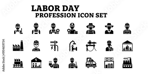 A Diverse Labor Day Profession Icon Set Featuring Minimalist Graphic Design Silhouettes with a Professional Mood