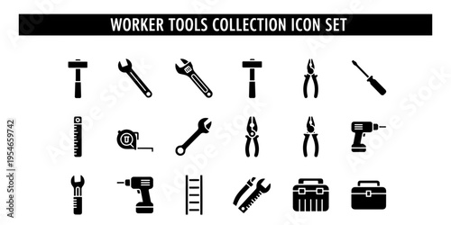 A Professional Minimalist Icon Set Featuring a Comprehensive Collection of Worker Tools for Construction and Industrial Applications
