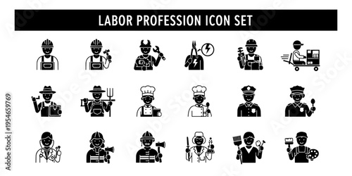 A comprehensive collection of diverse labor profession icons rendered in a clean graphic style creating a professional and informational mood.