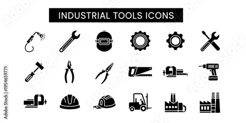 An organized set of minimalist industrial tools icons featuring equipment silhouettes for construction manufacturing and workshop related graphic design.