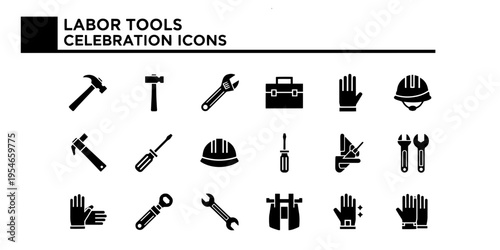 A minimalist and celebratory graphic design featuring a collection of essential labor tools and construction safety gear icons, perfect for representing craftsmanship and industry