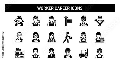 A professional set of graphic worker career icons depicting various industrial and skilled trades occupations for job listings and labor force concepts