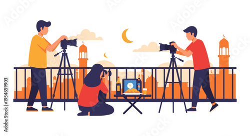 team of photographers working on a city skyline at dusk