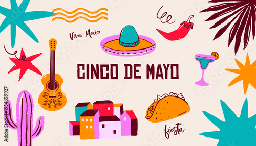 Cinco de Mayo Mexican holiday celebration background with hand-drawn decorative elements, symbols and icons