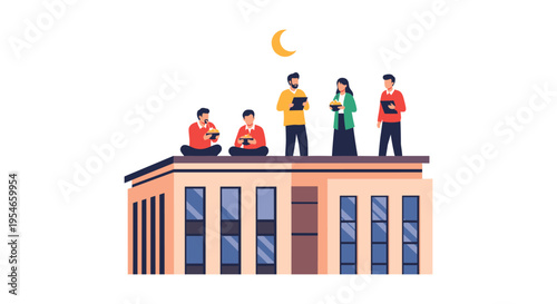 Diverse team celebrating success on modern building rooftop at sunset with crescent moon
