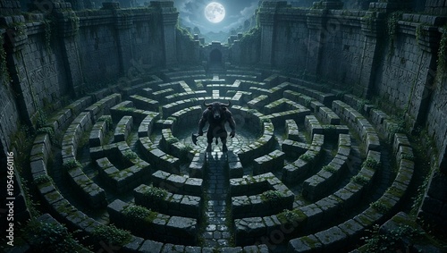Aerial view of ancient stone labyrinth under full moon with imposing minotaur figure at center depicting Greek mythology, cyclopic maze and legendary creature guarding mysterious passageways