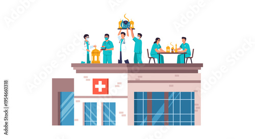 medical team on roof of hospital building