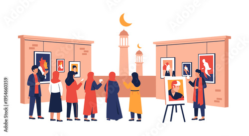 people in traditional clothing viewing art in a gallery at night