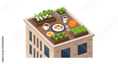 modern rooftop garden with fresh vegetables and herbs in urban setting