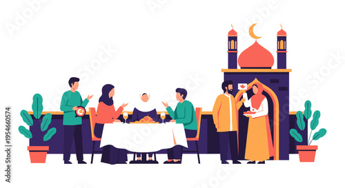 Diverse group of people gathered around a table in front of a mosque during Ramadan, breaking their fast together