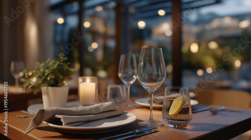 Elegant table setting with smaller elegant dinnerware, gourmet meal with appropriate portions, water glass with lemon, soft candlelight, restaurant ambiance, perfect for dining out portion