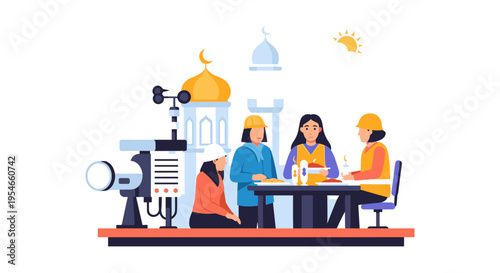 Diverse team collaborating on creative project with mosque background