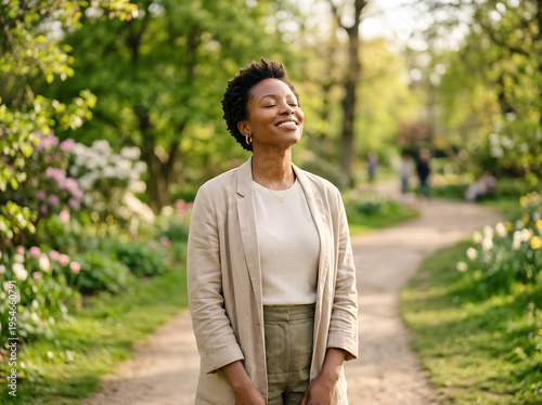 Happy African American woman breathing fresh air in park