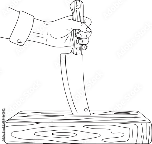 Vector illustration of hand holding knife cutting wood block