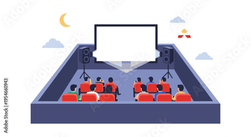 outdoor movie night, people watching film under stars