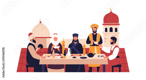 muslim men dining together, mosque background