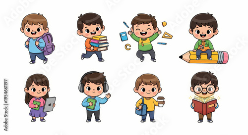 Cute Kawaii Back to School Characters – 8 Students Cartoon Vector Set for Education Design