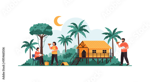 people building a wooden house in a tropical setting