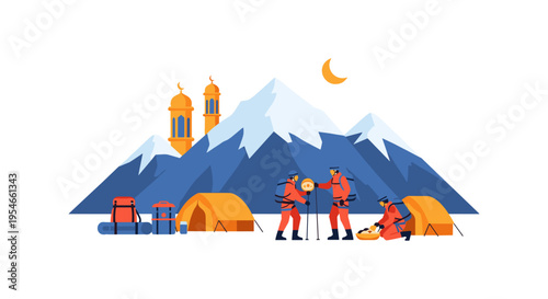 Group of hikers camping in snowy mountains at night with glowing tents and moonlit sky