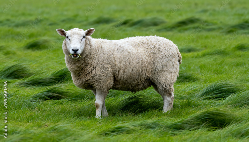 Fototapeta premium Standing single white woolly sheep chewing in lush green pasture, showing flattened grass tufts