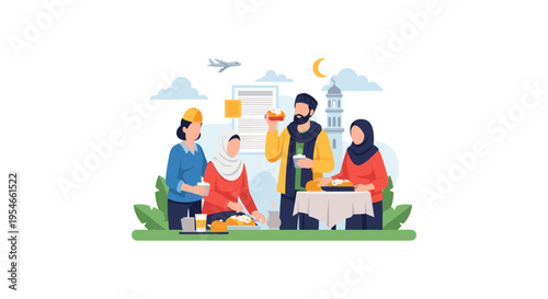 Muslim family having outdoor iftar dinner, breaking fast during Ramadan